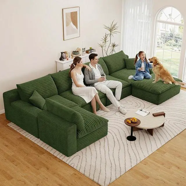 Alt view image 3 of 7 - 136" Cloud Sectional Couch with U-Shaped Chaise,5-Seater Corduroy Viral Boneless Sofa with Ottoman,Memory Foam Couches in a Box with Deep Seat for Living Room,No Assembly Required, Green