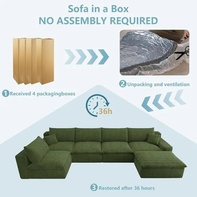 Alt view image 6 of 7 - 136" Cloud Sectional Couch with U-Shaped Chaise,5-Seater Corduroy Viral Boneless Sofa with Ottoman,Memory Foam Couches in a Box with Deep Seat for Living Room,No Assembly Required, Green