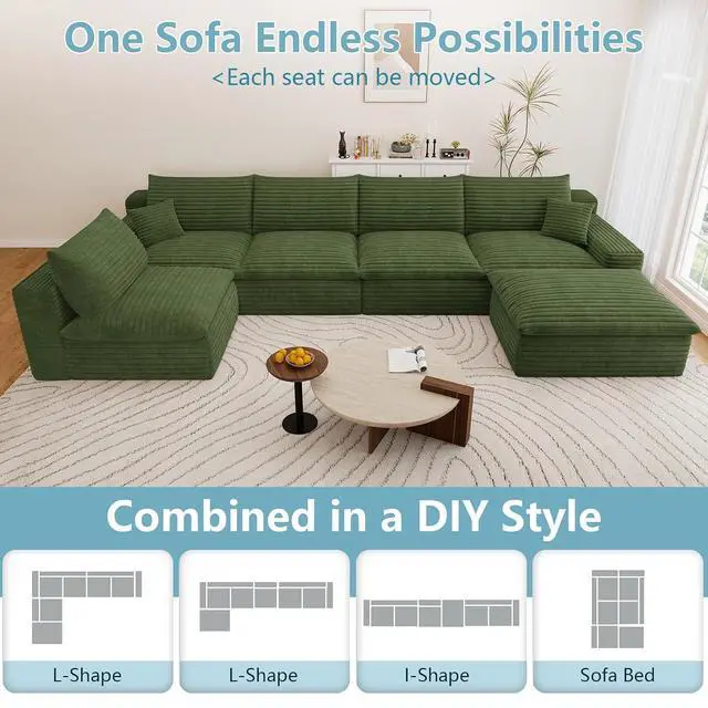 Alt view image 5 of 7 - 136" Cloud Sectional Couch with U-Shaped Chaise,5-Seater Corduroy Viral Boneless Sofa with Ottoman,Memory Foam Couches in a Box with Deep Seat for Living Room,No Assembly Required, Green