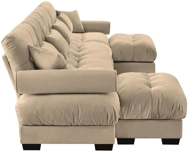 Alt view image 6 of 6 - 166"W Modular Sectional Sofa with 2 Ottomans, Oversized 4-Seater Couch with Waist & Throw Pillows,Comfy Velvet Deep Seat Upholstered Sofa for Living Room,Apartment(Camel,4-Seater with 2 Ottomans)