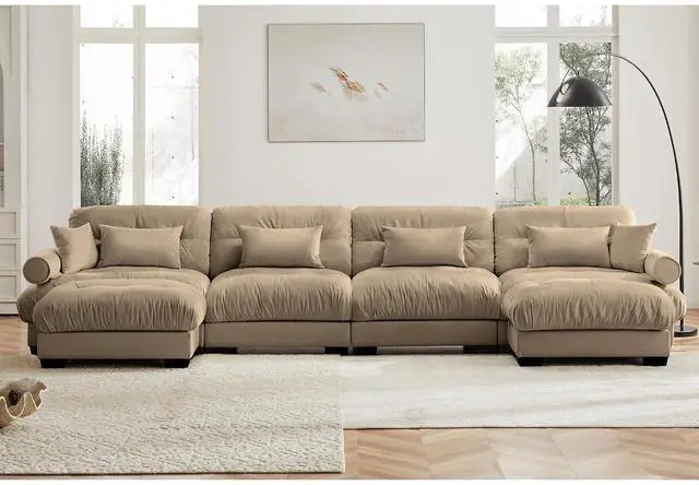Alt view image 3 of 6 - 166"W Modular Sectional Sofa with 2 Ottomans, Oversized 4-Seater Couch with Waist & Throw Pillows,Comfy Velvet Deep Seat Upholstered Sofa for Living Room,Apartment(Camel,4-Seater with 2 Ottomans)