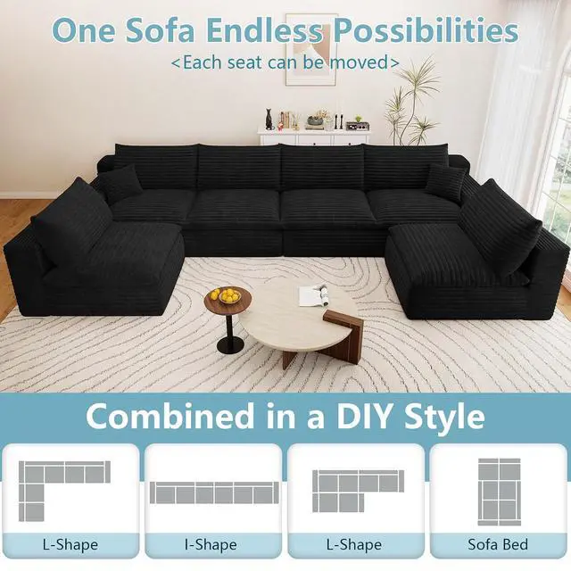 Alt view image 4 of 7 - 136" Oversized Cloud Sectional Couch with U-Shaped Chaise,6-Seater Corduroy Viral Boneless Sofa,Memory Foam Couches in a Box with Deep Seat for Living Room,No Assembly Required, Black