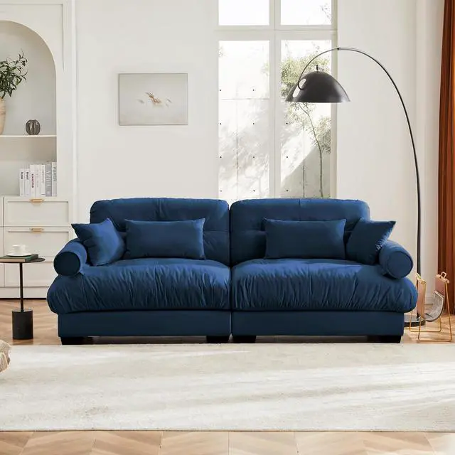 Alt view image 3 of 6 - 93.7" Oversized Loveseat Sofa, Modern Velvet 2-Seat Couch with Waist & Throw Pillows, Upholstered Deep Seat Cloud Couch for Living Room, Bedroom & Small Spaces (Blue,2 Seater)