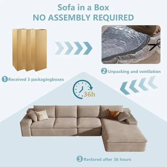 Alt view image 6 of 7 - 136" Cloud Sectional Couch with L-Shape Chaise, Corduroy Viral Boneless Sofa for Living Room,Modern Memory Foam Couches in a Box with Deep Seat,No Assembly Required (Camel,Right-Facing Chaise)