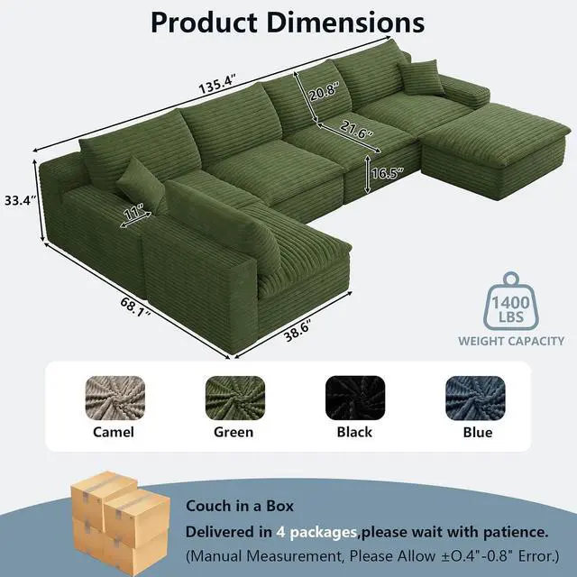 Alt view image 7 of 7 - 136" Cloud Sectional Couch with U-Shaped Chaise,5-Seater Corduroy Viral Boneless Sofa with Ottoman,Memory Foam Couches in a Box with Deep Seat for Living Room,No Assembly Required, Green