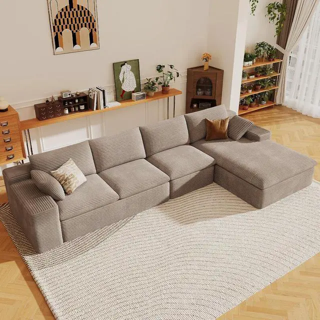 Alt view image 5 of 7 - 136" Cloud Sectional Couch with L-Shape Chaise, Corduroy Viral Boneless Sofa for Living Room,Modern Memory Foam Couches in a Box with Deep Seat,No Assembly Required (Camel,Right-Facing Chaise)