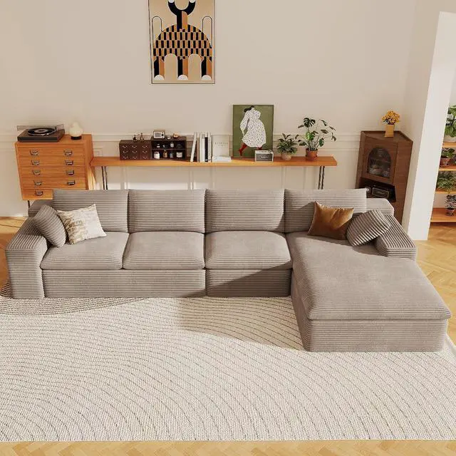 Alt view image 7 of 7 - 136" Cloud Sectional Couch with L-Shape Chaise, Corduroy Viral Boneless Sofa for Living Room,Modern Memory Foam Couches in a Box with Deep Seat,No Assembly Required (Camel,Right-Facing Chaise)