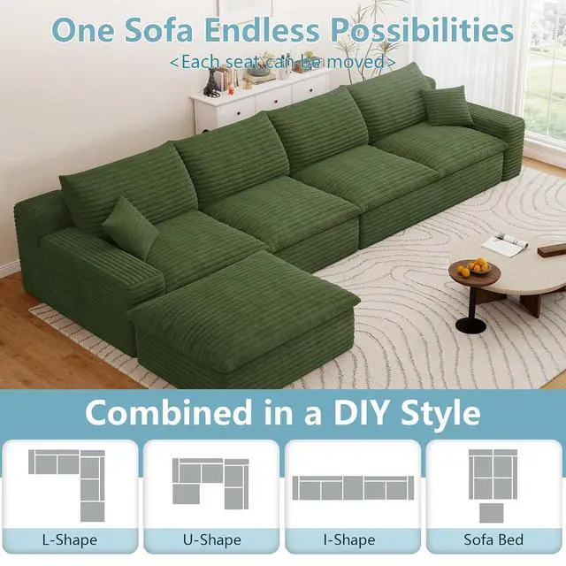 Alt view image 5 of 7 - 136" Cloud Sectional Couch with L-Shaped Chaise,4-Seater Corduroy Viral Boneless Sofa with Ottoman,Memory Foam Couches in a Box with Deep Seat for Living Room,No Assembly Required,Green