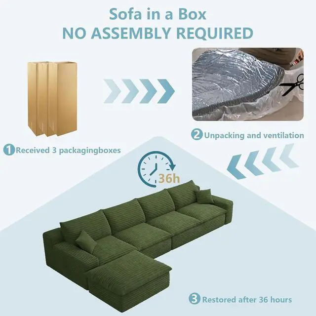 Alt view image 7 of 7 - 136" Cloud Sectional Couch with L-Shaped Chaise,4-Seater Corduroy Viral Boneless Sofa with Ottoman,Memory Foam Couches in a Box with Deep Seat for Living Room,No Assembly Required,Green