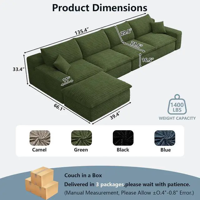 Alt view image 2 of 7 - 136" Cloud Sectional Couch with L-Shaped Chaise,4-Seater Corduroy Viral Boneless Sofa with Ottoman,Memory Foam Couches in a Box with Deep Seat for Living Room,No Assembly Required,Green