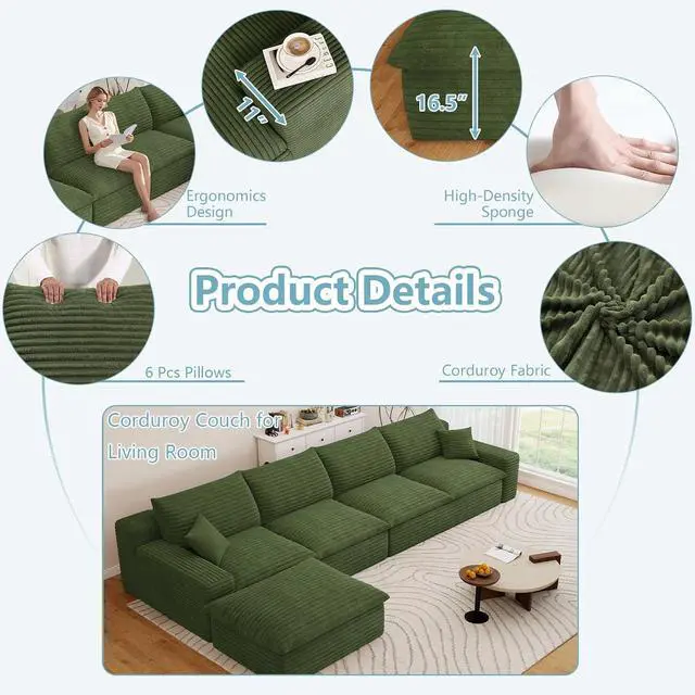 Alt view image 3 of 7 - 136" Cloud Sectional Couch with L-Shaped Chaise,4-Seater Corduroy Viral Boneless Sofa with Ottoman,Memory Foam Couches in a Box with Deep Seat for Living Room,No Assembly Required,Green