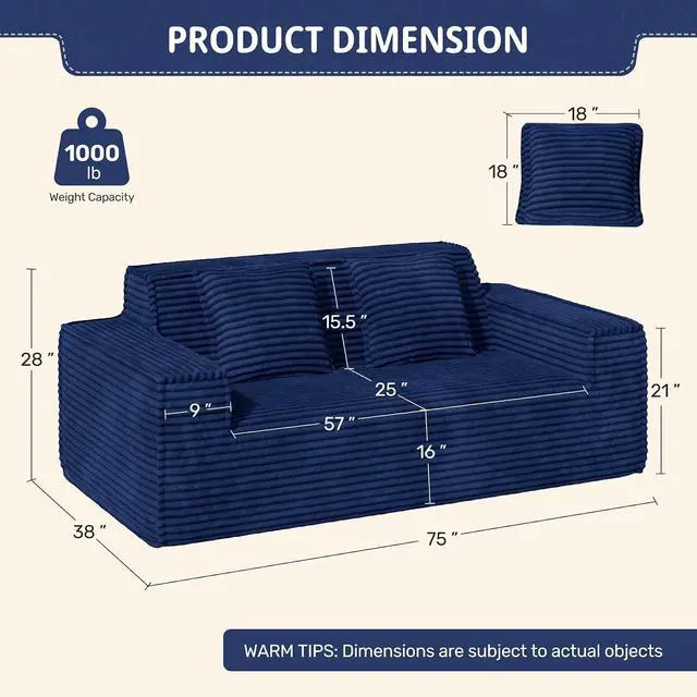 Alt view image 2 of 7 - 75'' Modern Loveseat Sofa, No Assembly Required Comfy Deep Seat Couches 1 pcs for Living Room, Bedroom, Apartment