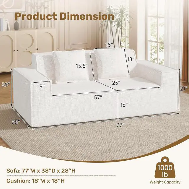 Alt view image 2 of 7 - 77'' Modern Small Loveseat, No Assembly Required Cloud Sofa Cloud Sofa Boneless Couches with 2 pcs Pillows for Living Room, Apartment(Polar Fleece-Beige)