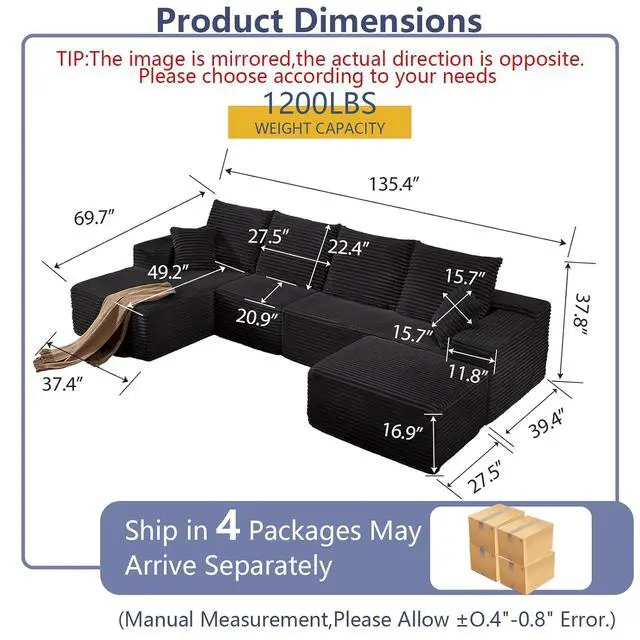 Alt view image 2 of 7 - 135.4" Cloud Sectional Couch with Ottoman,Modern U-Shaped Cloud Couch with Deep Seat,Comfy Corduroy 4-Seater Sofa,Memory Foam Sofa for Living Room,No Assembly(Black,Left-Facing Chaise)