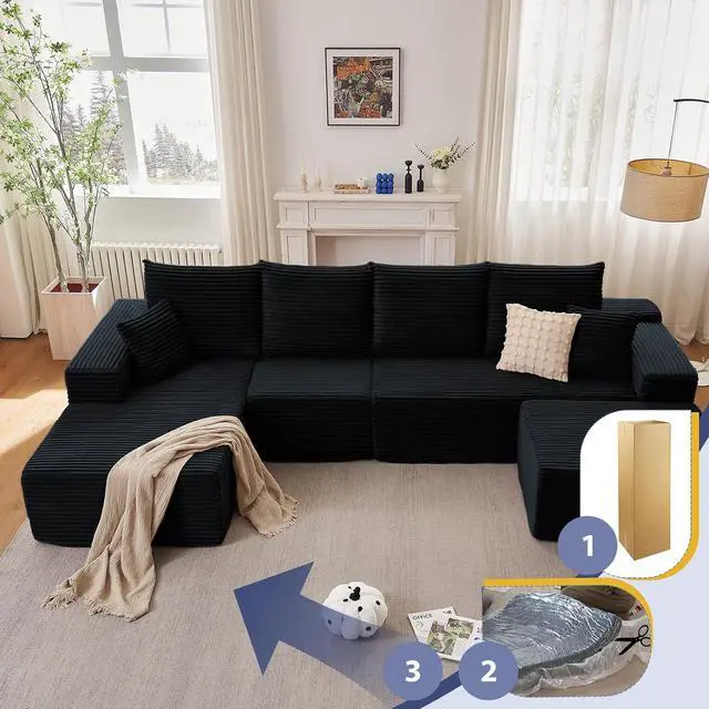 Alt view image 6 of 7 - 135.4" Cloud Sectional Couch with Ottoman,Modern U-Shaped Cloud Couch with Deep Seat,Comfy Corduroy 4-Seater Sofa,Memory Foam Sofa for Living Room,No Assembly(Black,Left-Facing Chaise)