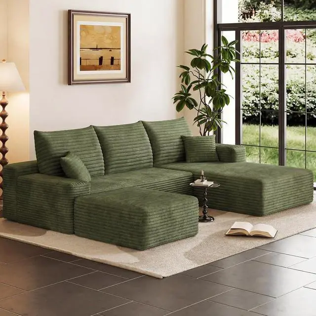 Main image of 95" Cloud Sectional Couch with Ottoman,Modern U-Shaped Cloud Couch with Deep Seat,Comfy Corduroy 3-Seater Sofa,Memory Foam Sofa for Living Room,No Assembly (Green,Right-Facing Chaise)