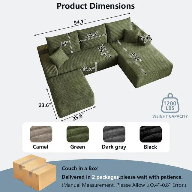 Alt view image 2 of 7 - 95" Cloud Sectional Couch with Ottoman,Modern U-Shaped Cloud Couch with Deep Seat,Comfy Corduroy 3-Seater Sofa,Memory Foam Sofa for Living Room,No Assembly (Green,Right-Facing Chaise)