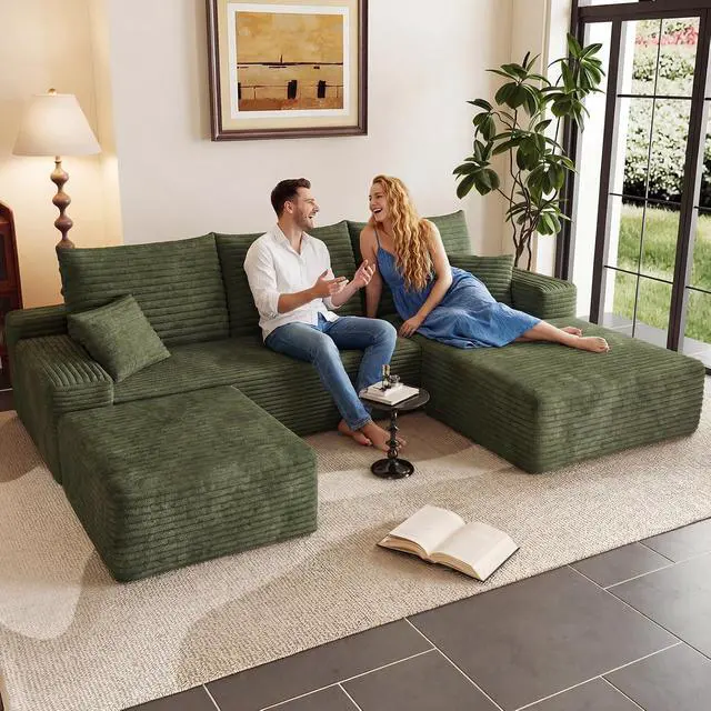 Alt view image 3 of 7 - 95" Cloud Sectional Couch with Ottoman,Modern U-Shaped Cloud Couch with Deep Seat,Comfy Corduroy 3-Seater Sofa,Memory Foam Sofa for Living Room,No Assembly (Green,Right-Facing Chaise)