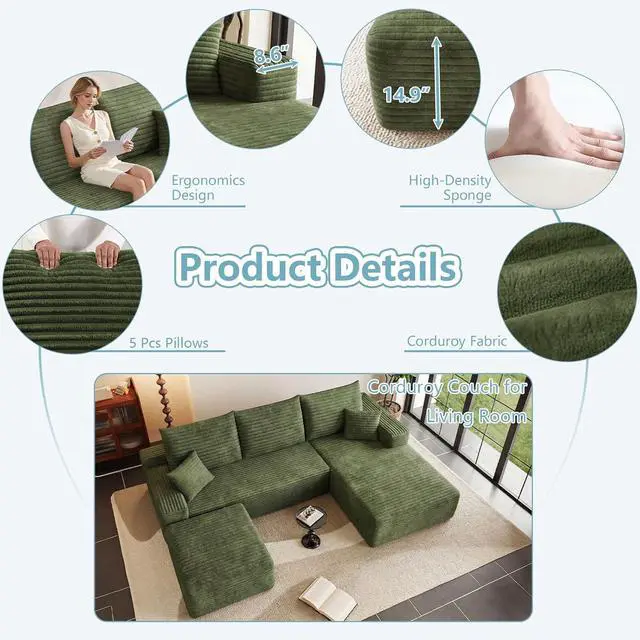 Alt view image 4 of 7 - 95" Cloud Sectional Couch with Ottoman,Modern U-Shaped Cloud Couch with Deep Seat,Comfy Corduroy 3-Seater Sofa,Memory Foam Sofa for Living Room,No Assembly (Green,Right-Facing Chaise)