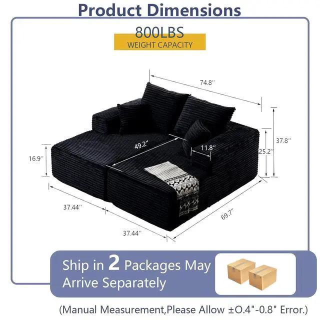 Alt view image 3 of 7 - 75"Oversized Chaise Lounge Chair,Sectional Double Lounge Chaise with Pillows, Upholstered Corduroy Boneless Lounge Chair,Fluffy Modern Loveseat Sleeper Sofa for Living Room Bedroom(Light Grey)