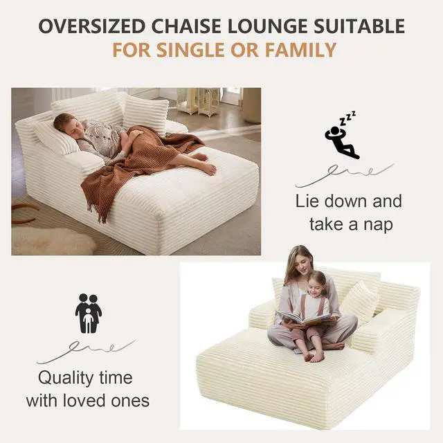 Alt view image 5 of 7 - 49.2" Oversized Chaise Lounge Chair Indoor,Corduroy Boneless Reading Chair with 3 Pillows,Deep Seat Cloud Sofa Bed,Comfy Modern Sleeper Chairs in Box for Living Room Bedroom,No Assembly(White)