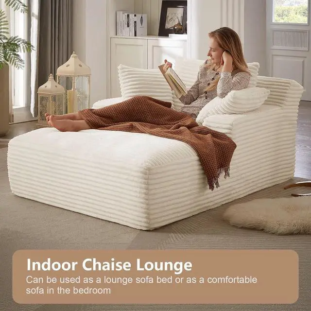 Alt view image 6 of 7 - 49.2" Oversized Chaise Lounge Chair Indoor,Corduroy Boneless Reading Chair with 3 Pillows,Deep Seat Cloud Sofa Bed,Comfy Modern Sleeper Chairs in Box for Living Room Bedroom,No Assembly(White)