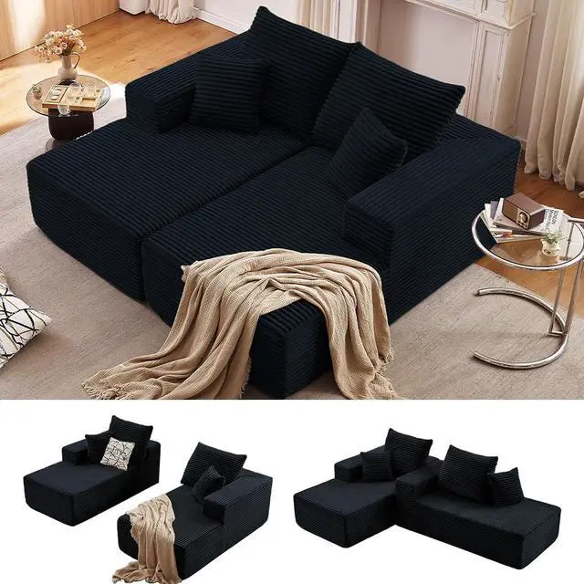 Main image of 75"Oversized Chaise Lounge Chair,Sectional Double Lounge Chaise with Pillows, Upholstered Corduroy Boneless Lounge Chair, Fluffy Modern Loveseat Sleeper Sofa for Living Room or Bedroom(Black)