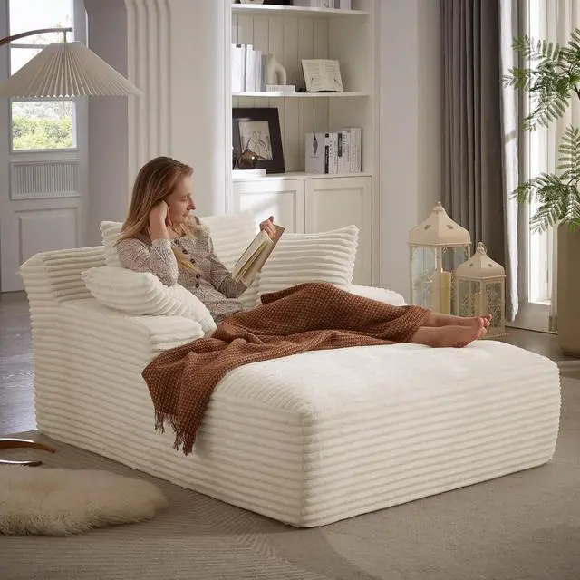 Alt view image 7 of 7 - 49.2" Oversized Chaise Lounge Chair Indoor,Corduroy Boneless Reading Chair with 3 Pillows,Deep Seat Cloud Sofa Bed,Comfy Modern Sleeper Chairs in Box for Living Room Bedroom,No Assembly(White)