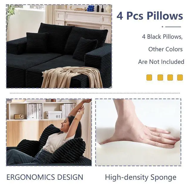 Alt view image 4 of 7 - 75"Oversized Chaise Lounge Chair,Sectional Double Lounge Chaise with Pillows, Upholstered Corduroy Boneless Lounge Chair, Fluffy Modern Loveseat Sleeper Sofa for Living Room or Bedroom(Black)