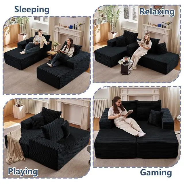Alt view image 5 of 7 - 75"Oversized Chaise Lounge Chair,Sectional Double Lounge Chaise with Pillows, Upholstered Corduroy Boneless Lounge Chair, Fluffy Modern Loveseat Sleeper Sofa for Living Room or Bedroom(Black)