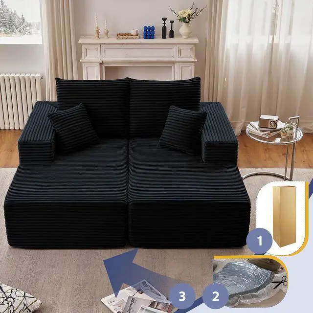 Alt view image 6 of 7 - 75"Oversized Chaise Lounge Chair,Sectional Double Lounge Chaise with Pillows, Upholstered Corduroy Boneless Lounge Chair, Fluffy Modern Loveseat Sleeper Sofa for Living Room or Bedroom(Black)