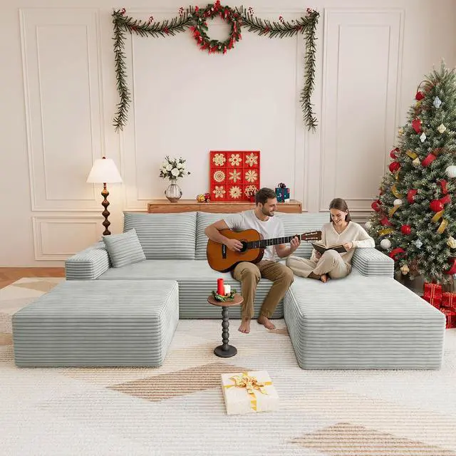 Alt view image 3 of 7 - 107" U Shaped Cloud Sectional Couch with Fluffy Corduroy, Deep Memory Foam Seats Sofa with 1 Ottoman for Living Room, No Assembly Required(Grey,Right-Facing Chaise)