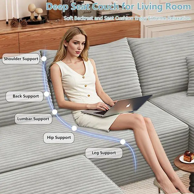 Alt view image 4 of 7 - 107" U Shaped Cloud Sectional Couch with Fluffy Corduroy, Deep Memory Foam Seats Sofa with 1 Ottoman for Living Room, No Assembly Required(Grey,Right-Facing Chaise)