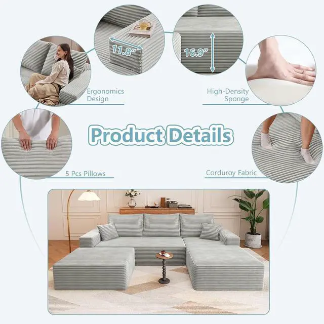Alt view image 5 of 7 - 107" U Shaped Cloud Sectional Couch with Fluffy Corduroy, Deep Memory Foam Seats Sofa with 1 Ottoman for Living Room, No Assembly Required(Grey,Right-Facing Chaise)