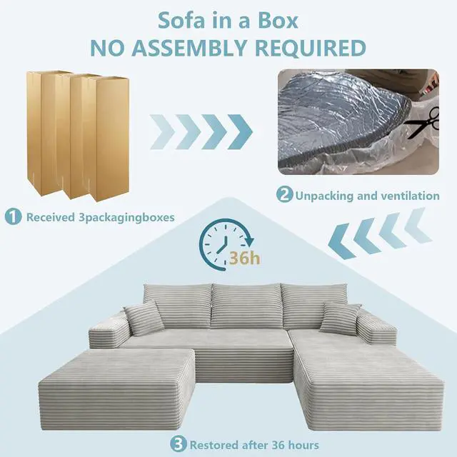 Alt view image 7 of 7 - 107" U Shaped Cloud Sectional Couch with Fluffy Corduroy, Deep Memory Foam Seats Sofa with 1 Ottoman for Living Room, No Assembly Required(Grey,Right-Facing Chaise)