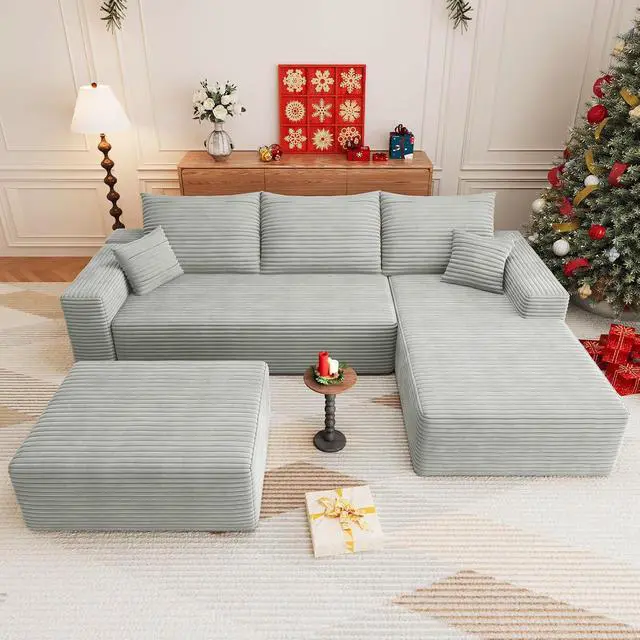 Alt view image 6 of 7 - 107" U Shaped Cloud Sectional Couch with Fluffy Corduroy, Deep Memory Foam Seats Sofa with 1 Ottoman for Living Room, No Assembly Required(Grey,Right-Facing Chaise)
