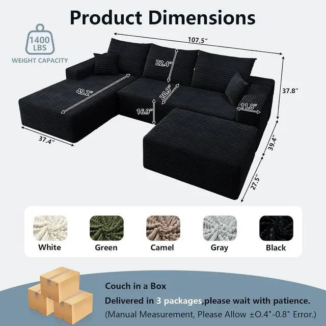Alt view image 2 of 7 - 107" U Shaped Cloud Sectional Couch with Fluffy Corduroy, Deep Memory Foam Seats Sofa with 1 Ottoman for Living Room, No Assembly Required(Black,Left-Facing Chaise)