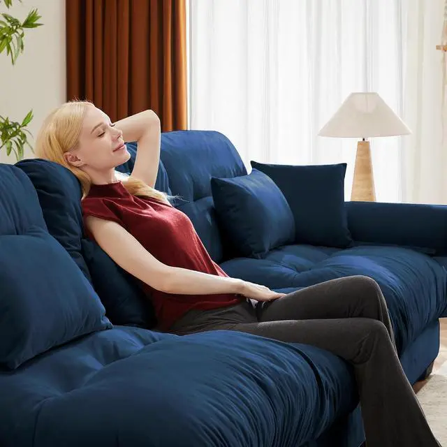 Alt view image 4 of 6 - 166" Modular Sectional Sofa, Oversized 4-Seater Velvet Cloud Couch with Waist & Throw Pillows, Deep Seat Upholstered Sofa for Living Room, Bedroom & Small Spaces (Blue, 4-Seater)