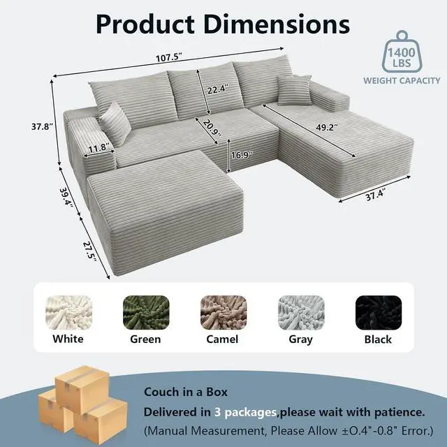 Alt view image 2 of 7 - 107" U Shaped Cloud Sectional Couch with Fluffy Corduroy, Deep Memory Foam Seats Sofa with 1 Ottoman for Living Room, No Assembly Required(Grey,Right-Facing Chaise)