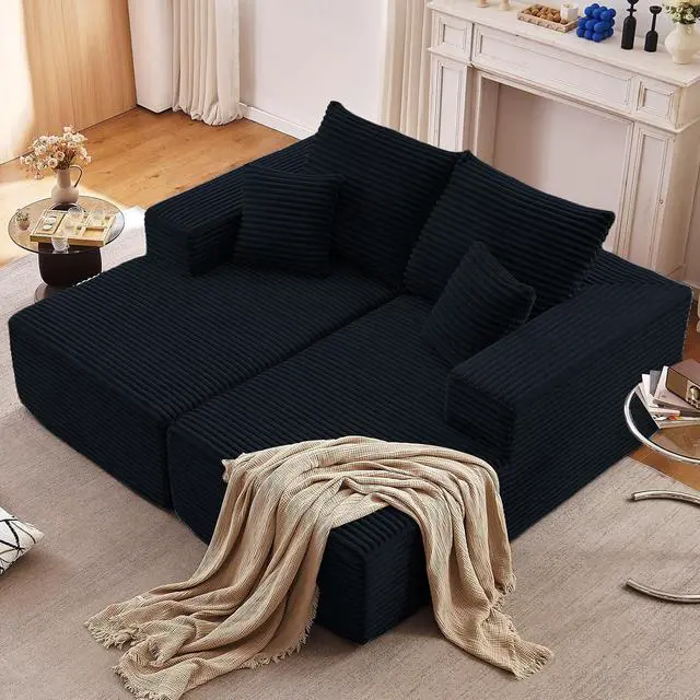 Alt view image 2 of 7 - 75"Oversized Chaise Lounge Chair,Sectional Double Lounge Chaise with Pillows, Upholstered Corduroy Boneless Lounge Chair, Fluffy Modern Loveseat Sleeper Sofa for Living Room or Bedroom(Black)