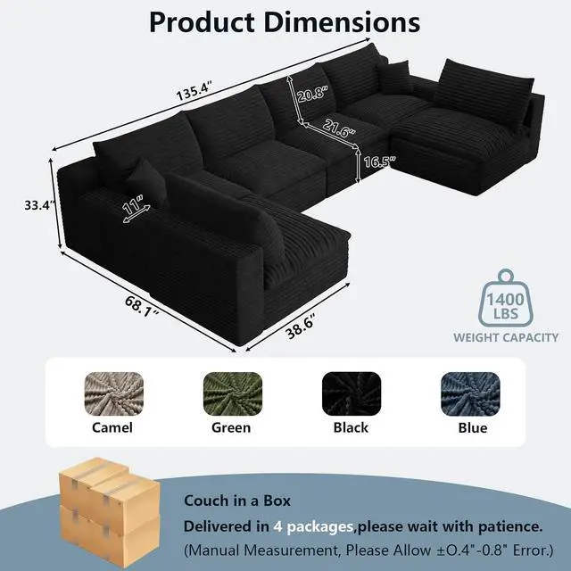Alt view image 7 of 7 - 136" Oversized Cloud Sectional Couch with U-Shaped Chaise,6-Seater Corduroy Viral Boneless Sofa,Memory Foam Couches in a Box with Deep Seat for Living Room,No Assembly Required, Black