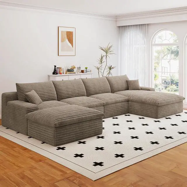 Alt view image 4 of 7 - 136" Cloud Sectional Couch with U-Shaped Chaise,Corduroy Viral Boneless Sofa with Ottoman,Memory Foam Couches in a Box with Deep Seat for Living Room,No Assembly Required (Camel,Right-Facing Chaise)