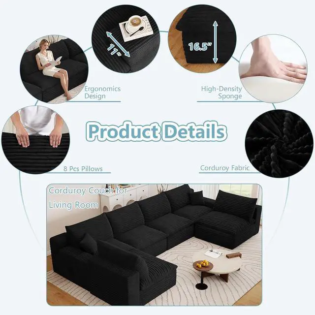 Alt view image 5 of 7 - 136" Oversized Cloud Sectional Couch with U-Shaped Chaise,6-Seater Corduroy Viral Boneless Sofa,Memory Foam Couches in a Box with Deep Seat for Living Room,No Assembly Required, Black