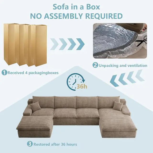 Alt view image 7 of 7 - 136" Cloud Sectional Couch with U-Shaped Chaise,Corduroy Viral Boneless Sofa with Ottoman,Memory Foam Couches in a Box with Deep Seat for Living Room,No Assembly Required (Camel,Right-Facing Chaise)