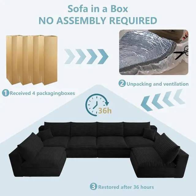 Alt view image 6 of 7 - 136" Oversized Cloud Sectional Couch with U-Shaped Chaise,6-Seater Corduroy Viral Boneless Sofa,Memory Foam Couches in a Box with Deep Seat for Living Room,No Assembly Required, Black