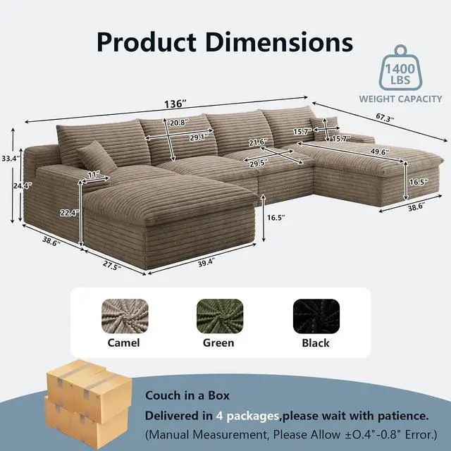 Alt view image 2 of 7 - 136" Cloud Sectional Couch with U-Shaped Chaise,Corduroy Viral Boneless Sofa with Ottoman,Memory Foam Couches in a Box with Deep Seat for Living Room,No Assembly Required (Camel,Right-Facing Chaise)