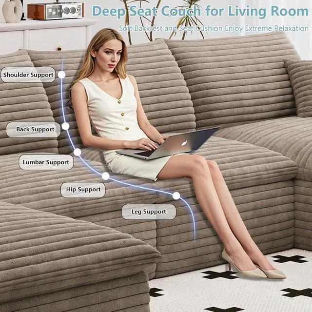 Alt view image 5 of 7 - 136" Cloud Sectional Couch with U-Shaped Chaise,Corduroy Viral Boneless Sofa with Ottoman,Memory Foam Couches in a Box with Deep Seat for Living Room,No Assembly Required (Camel,Right-Facing Chaise)