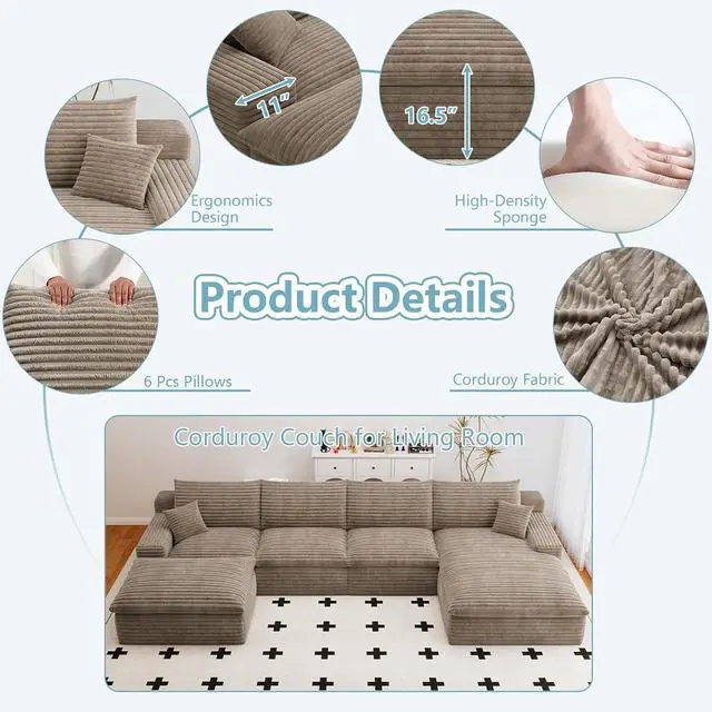 Alt view image 3 of 7 - 136" Cloud Sectional Couch with U-Shaped Chaise,Corduroy Viral Boneless Sofa with Ottoman,Memory Foam Couches in a Box with Deep Seat for Living Room,No Assembly Required (Camel,Right-Facing Chaise)