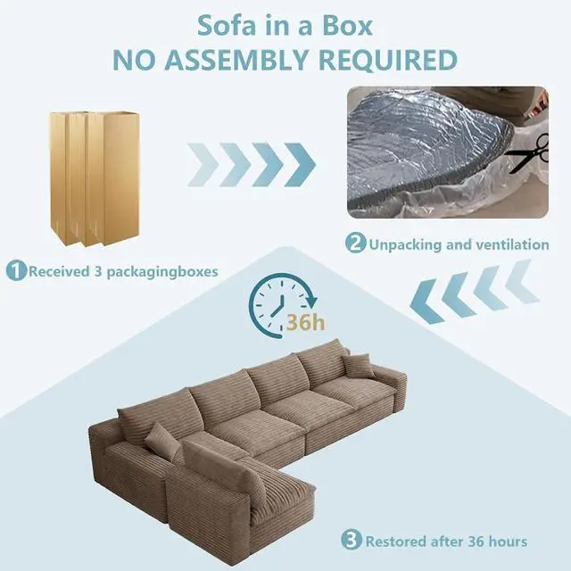 Alt view image 5 of 7 - 136" Oversized Cloud Sectional Couch with L-Shaped Chaise,5-Seater Corduroy Viral Boneless Sofa,Memory Foam Couches in a Box with Deep Seat for Living Room,No Assembly Required,Camel