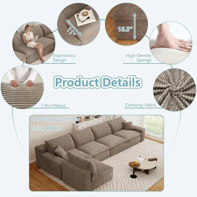 Alt view image 3 of 7 - 136" Oversized Cloud Sectional Couch with L-Shaped Chaise,5-Seater Corduroy Viral Boneless Sofa,Memory Foam Couches in a Box with Deep Seat for Living Room,No Assembly Required,Camel